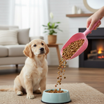 Pink scoop pouring dog food