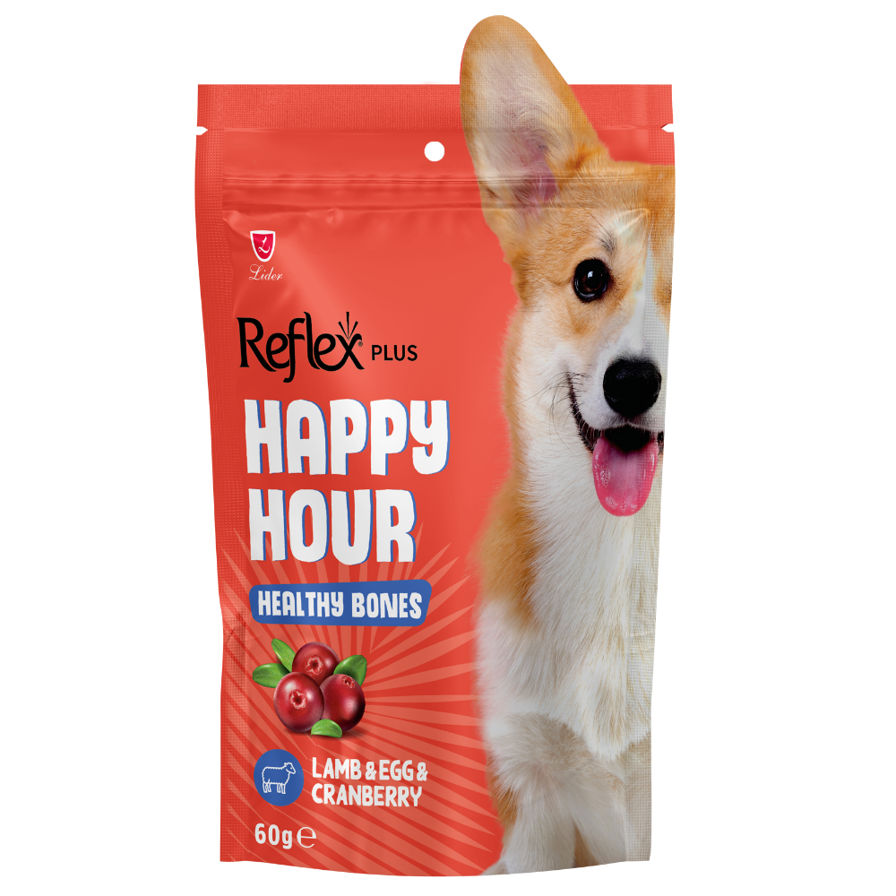 Dog food package with a dog's face on the side, featuring the brand 'Reflex Plus'.