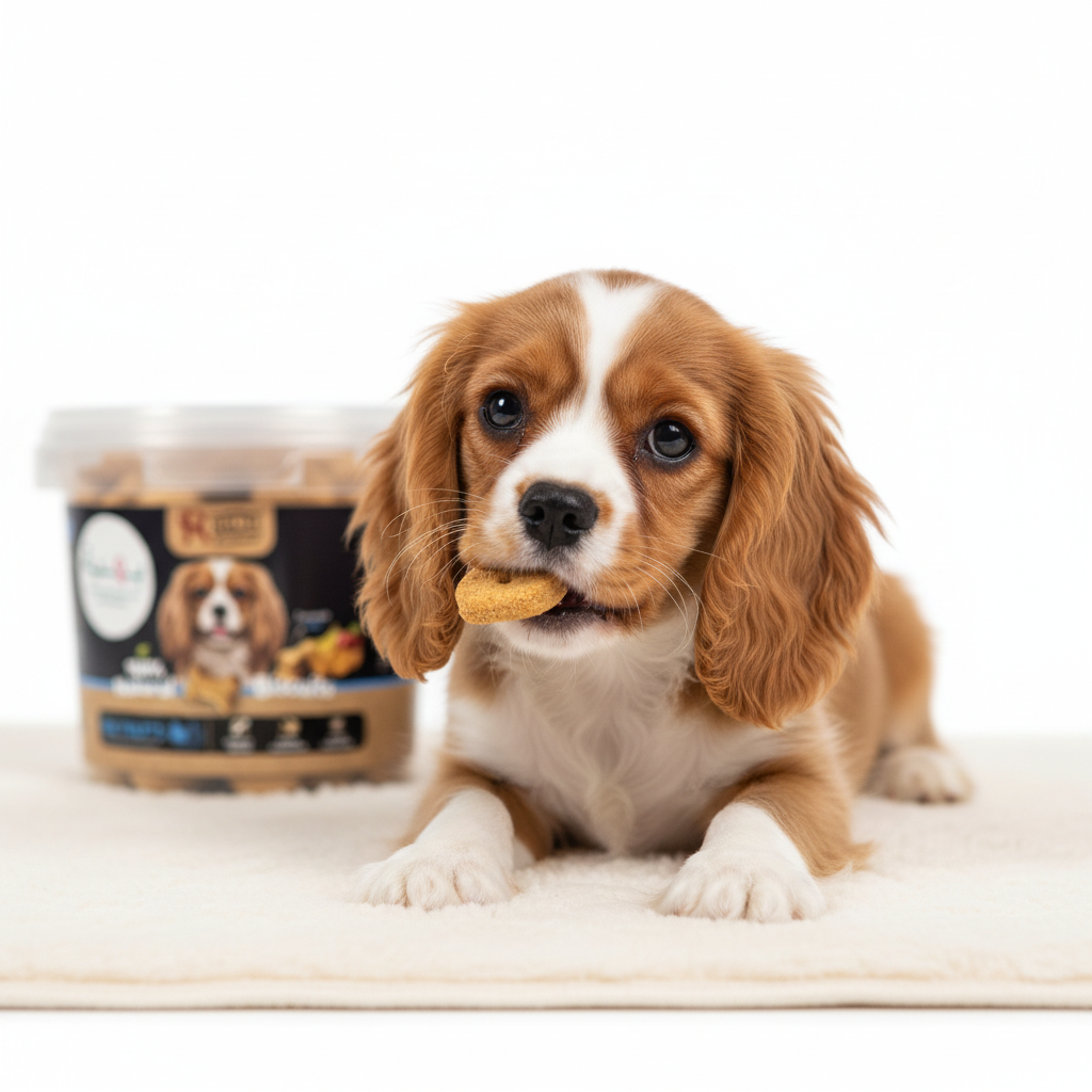 Puppy eating Rich Excellence dog biscuit treat