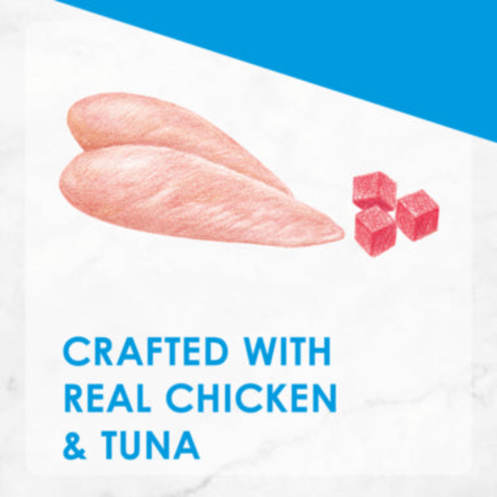 Product packaging with chicken and tuna pieces and text 'Crafted with Real Chicken & Tuna' on a white and blue background.