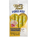 Fancy Feast Puree Kiss cat treat package with tuna puree and chicken flakes on a white background