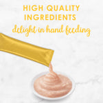 Gold pouch with baby food and text about high-quality ingredients on a light background