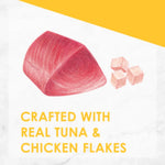 Product packaging with tuna and chicken flakes on a white and yellow background