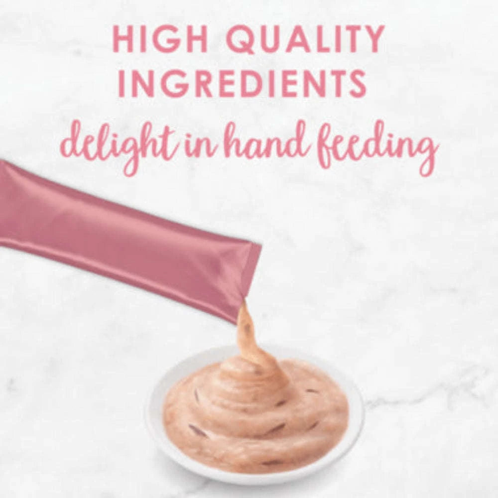Pink baby food pouch with a spoonful of baby food on a white marble background, text 'High Quality Ingredients Delight in Hand Feeding'.