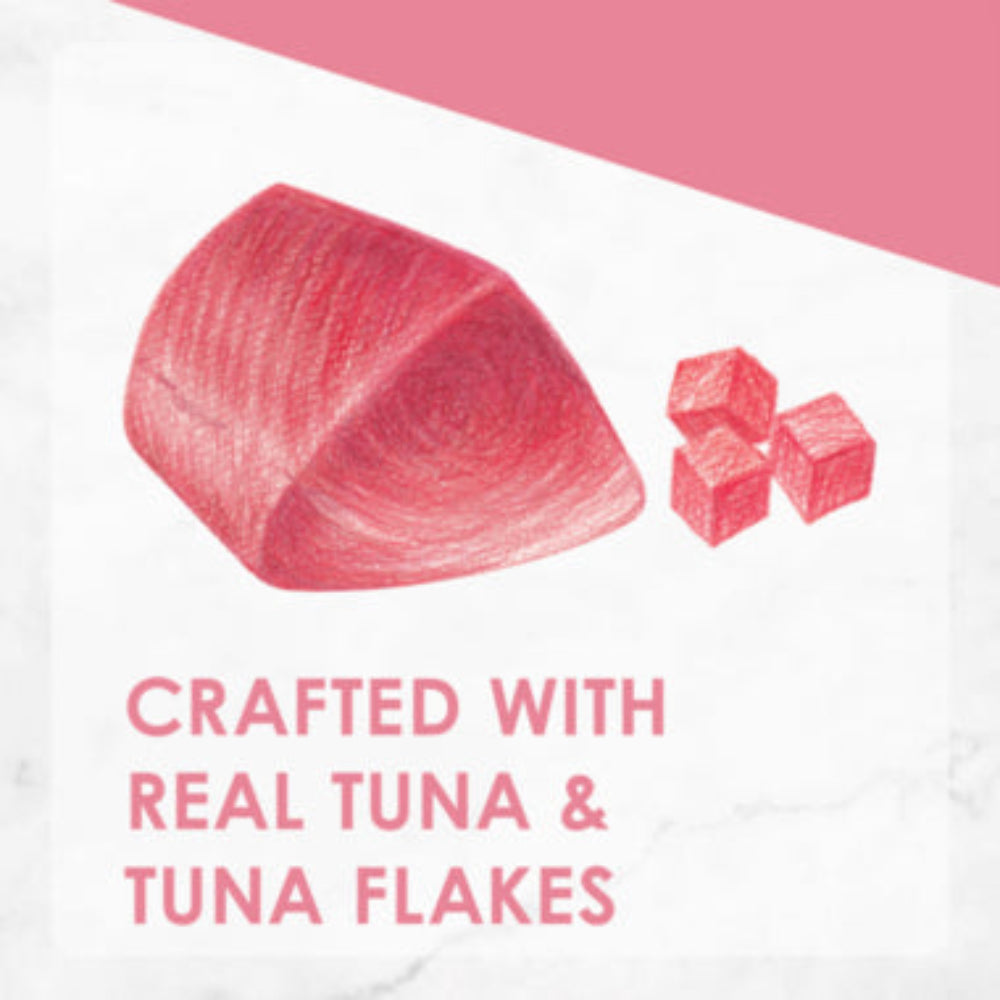 Illustration of tuna and tuna flakes with text 'Crafted with Real Tuna & Tuna Flakes' on a white background.
