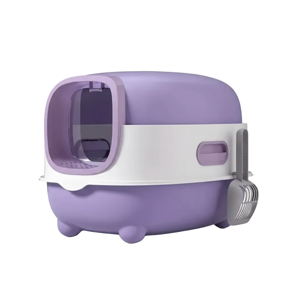 Purple and white pet litter box on a white background