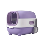 Purple and white pet litter box on a white background