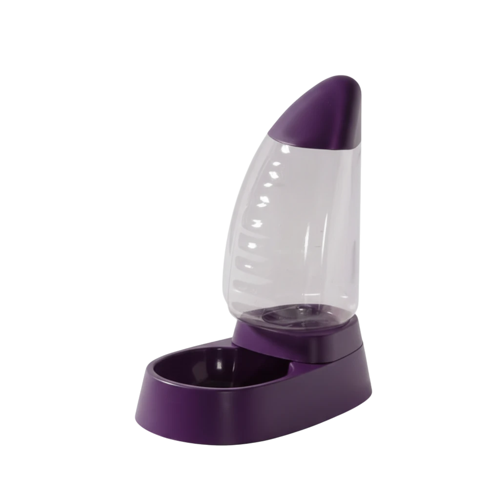 Purple pet feeder with clear water container on a white background