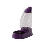 Purple pet feeder with clear water container on a white background