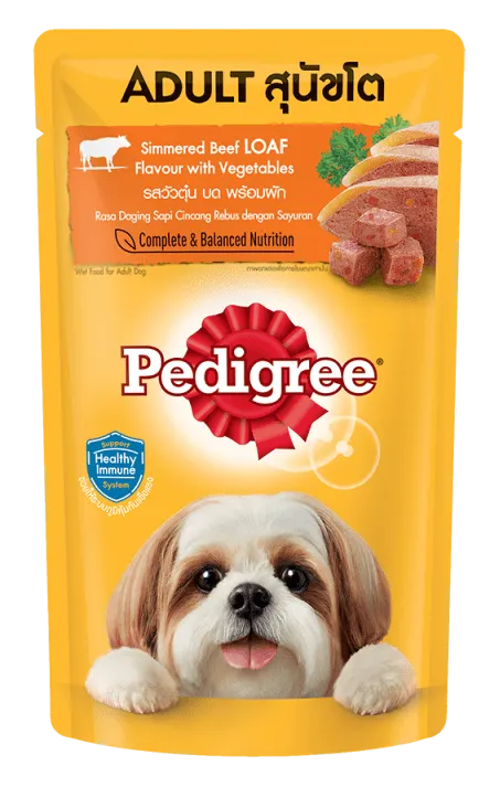 Pedigree dog food package for adult dogs on a white background