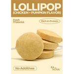 Lollipop-shaped dog treat packaging with chicken and pumpkin flavor on a beige background.