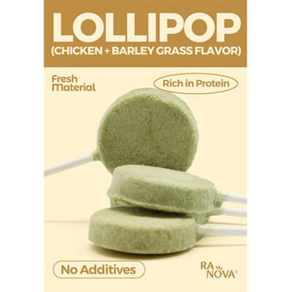 Lollipop-shaped chicken and barley grass flavor treats with RA NOVA branding on a beige background.
