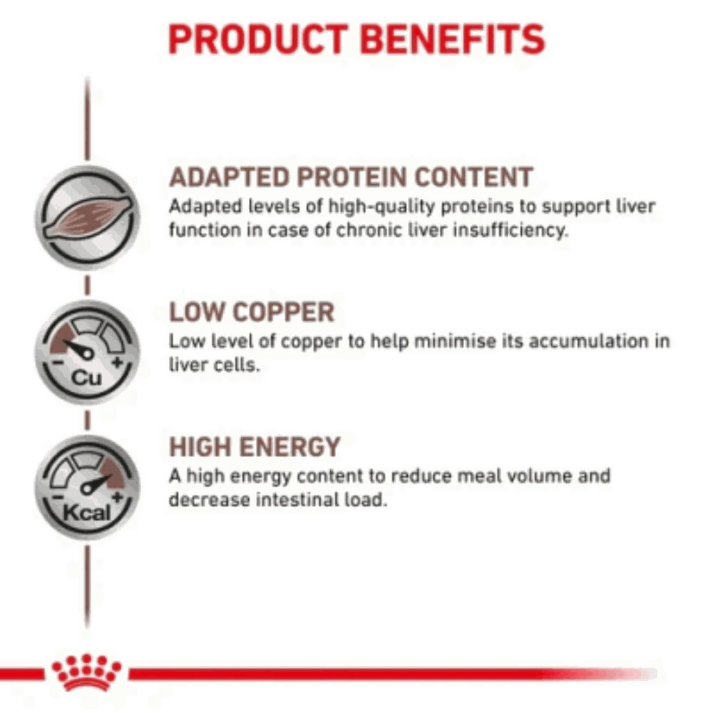 Product benefits of a pet food formula with adapted protein content, low copper, and high energy on a white background.