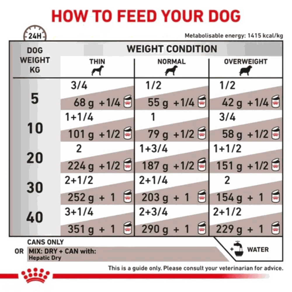 Feeding chart for dogs showing recommended amounts of canned food based on weight and condition.