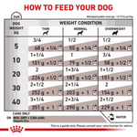 Feeding chart for dogs showing recommended amounts of canned food based on weight and condition.