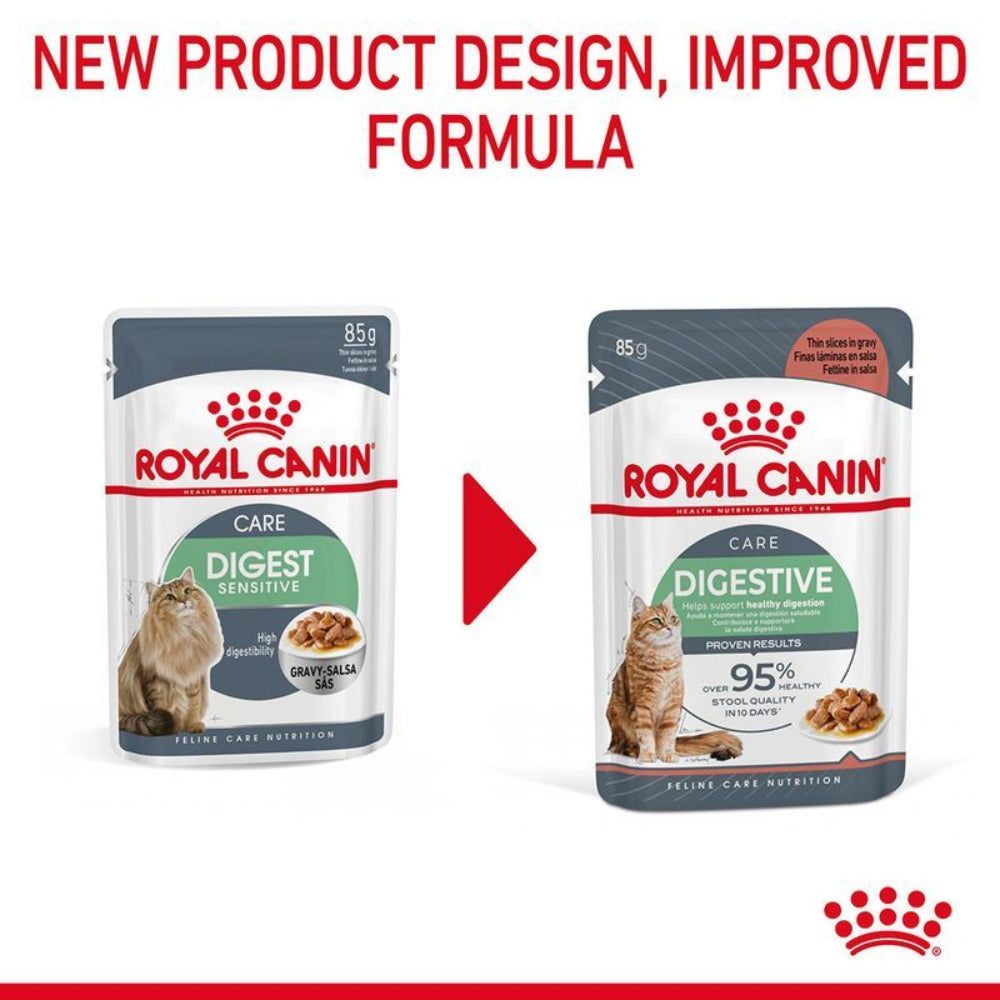 Two packages of Royal Canin Digestive Sensitive cat food with a red arrow and text indicating new product design and improved formula.