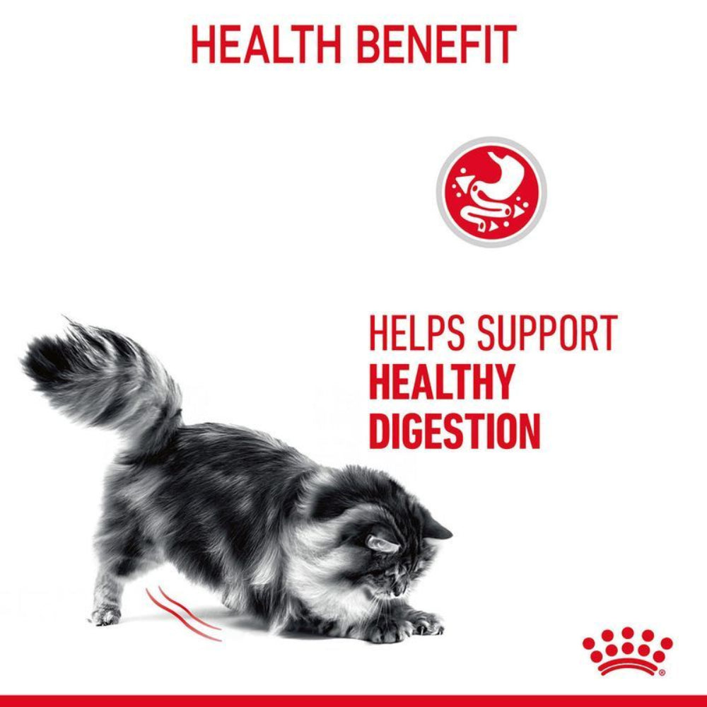 Cat walking on a white background with text about health benefits and a brand logo.