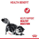 Cat walking on a white background with text about health benefits and a brand logo.