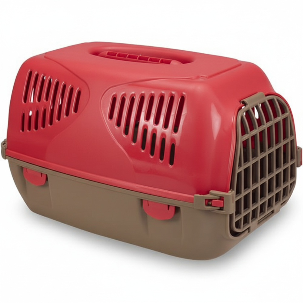 Red and brown pet carrier on a white background