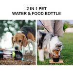 2-in-1 pet water and food bottle being used by two dogs outdoors.