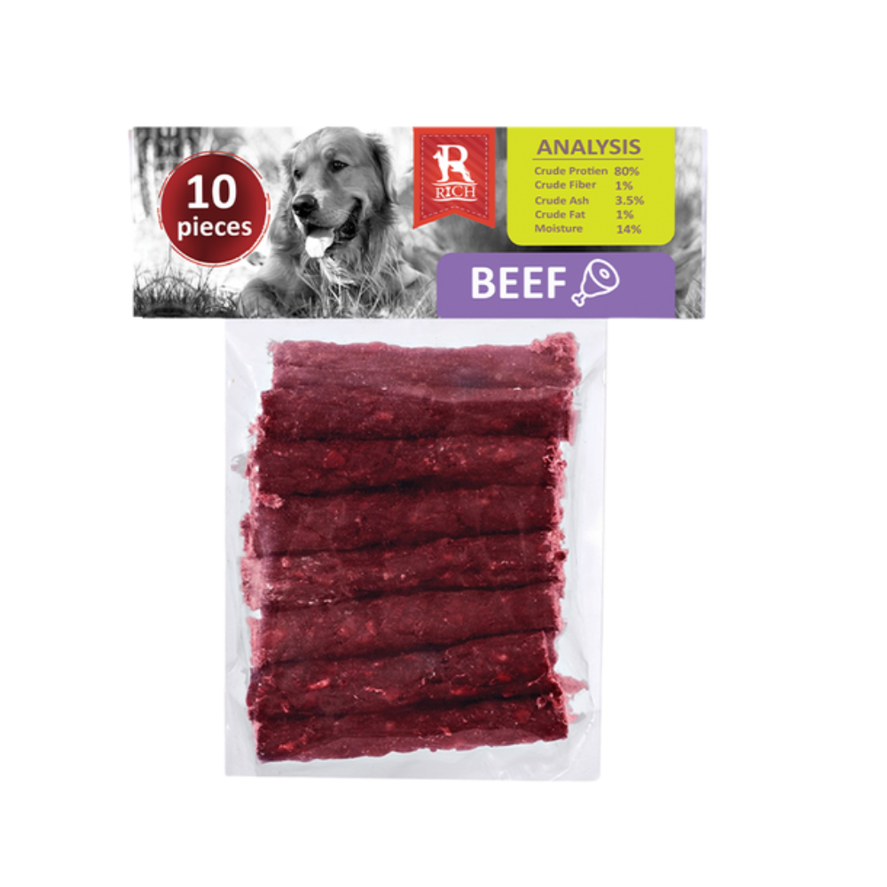 Pack of beef dog treats with visible brand logo and nutritional information on a white background