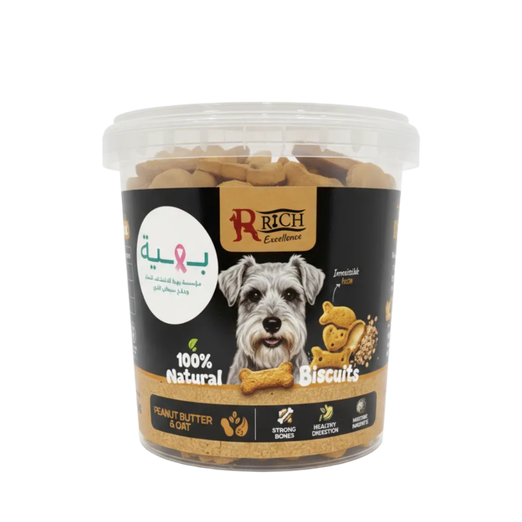 Rich Excellence peanut butter oat Schnauzer biscuit tub exact shape white background