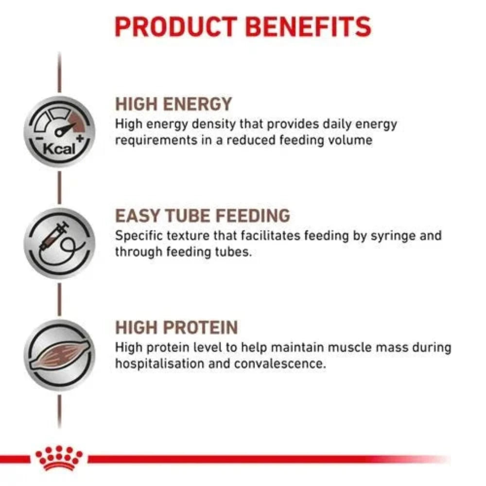 Product benefits of a high-energy, easy-tube-feeding, and high-protein product on a white background.
