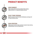 Product benefits of a high-energy, easy-tube-feeding, and high-protein product on a white background.