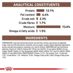 Nutritional label with protein, fat content, and other analytical constituents of a product.