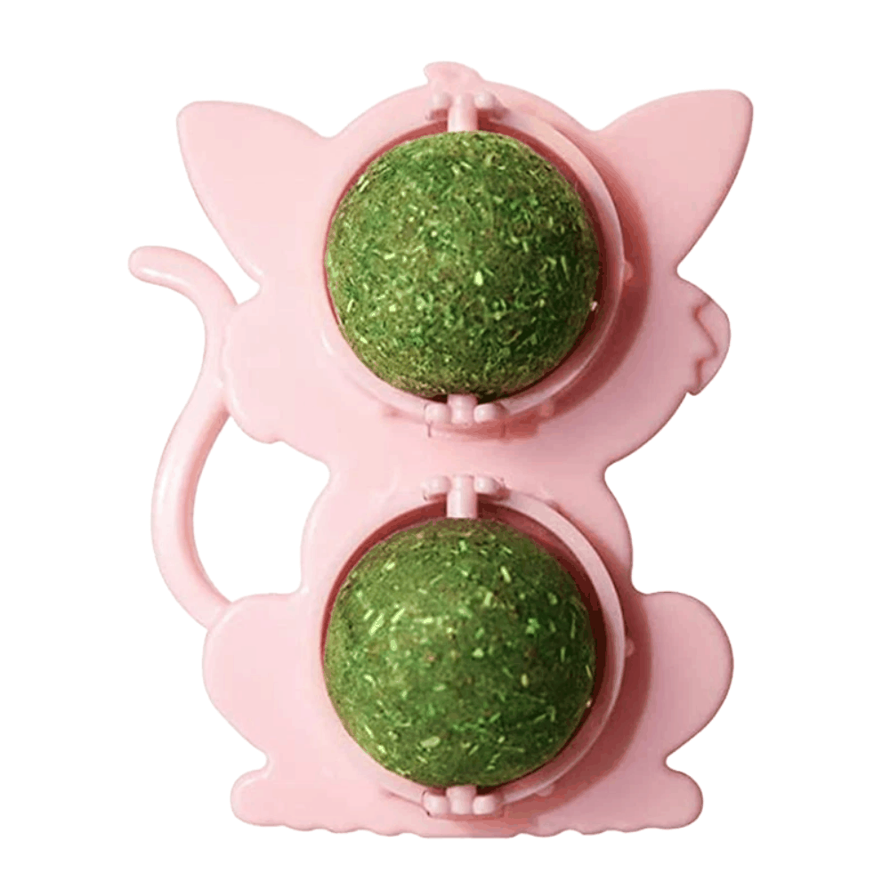 Pink cat-shaped toy with two green balls inside on a white background