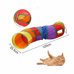 Colorful cat tunnel toy with measurements and a cat lying on the ground.