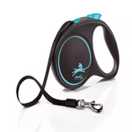 Black and blue retractable dog leash with brand logo on a white background