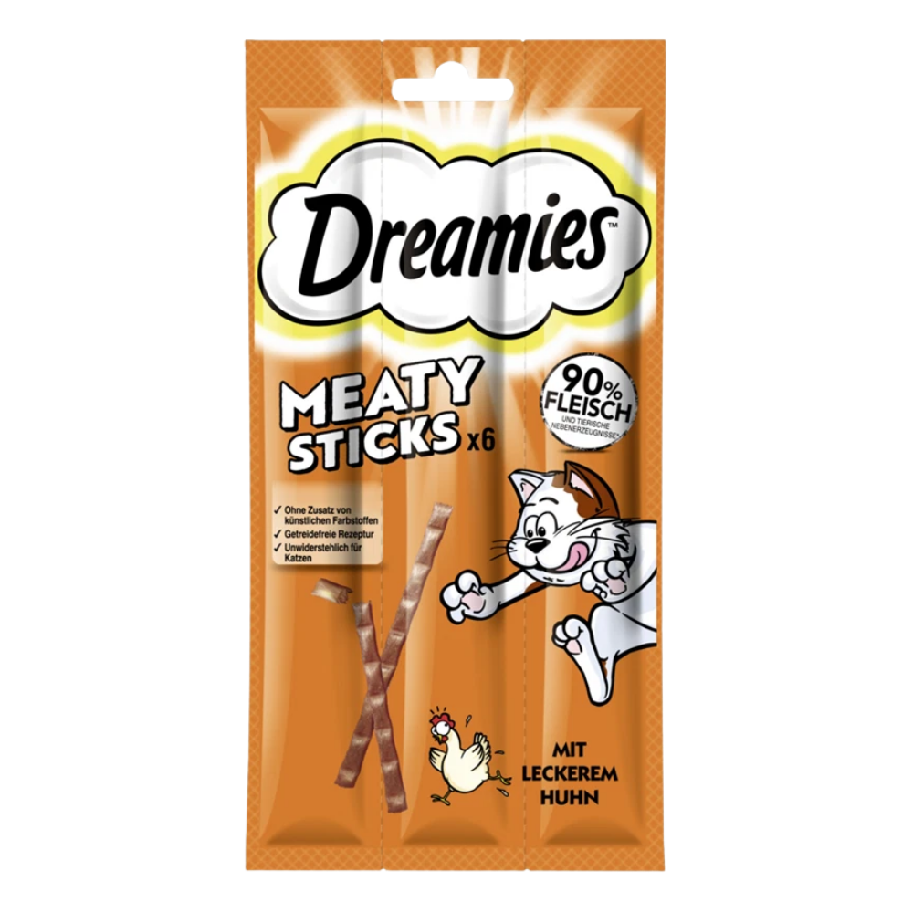 Packaging of Dreamies Meaty Sticks cat treats with a cartoon cat on an orange background.