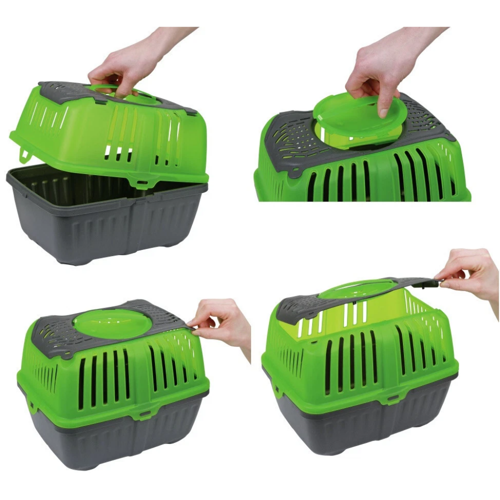 Green and black pet carrier with hands demonstrating its features on a white background