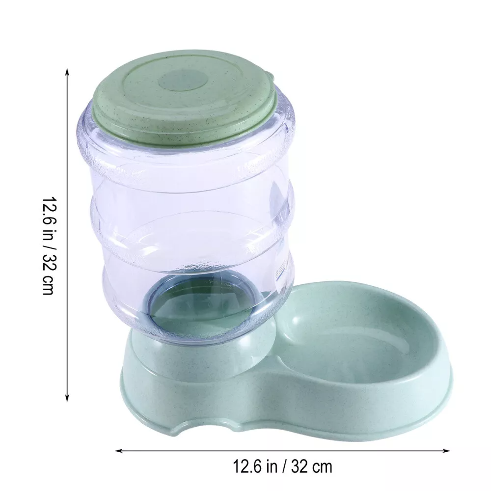 Pet water bottle and bowl set with dimensions on a white background