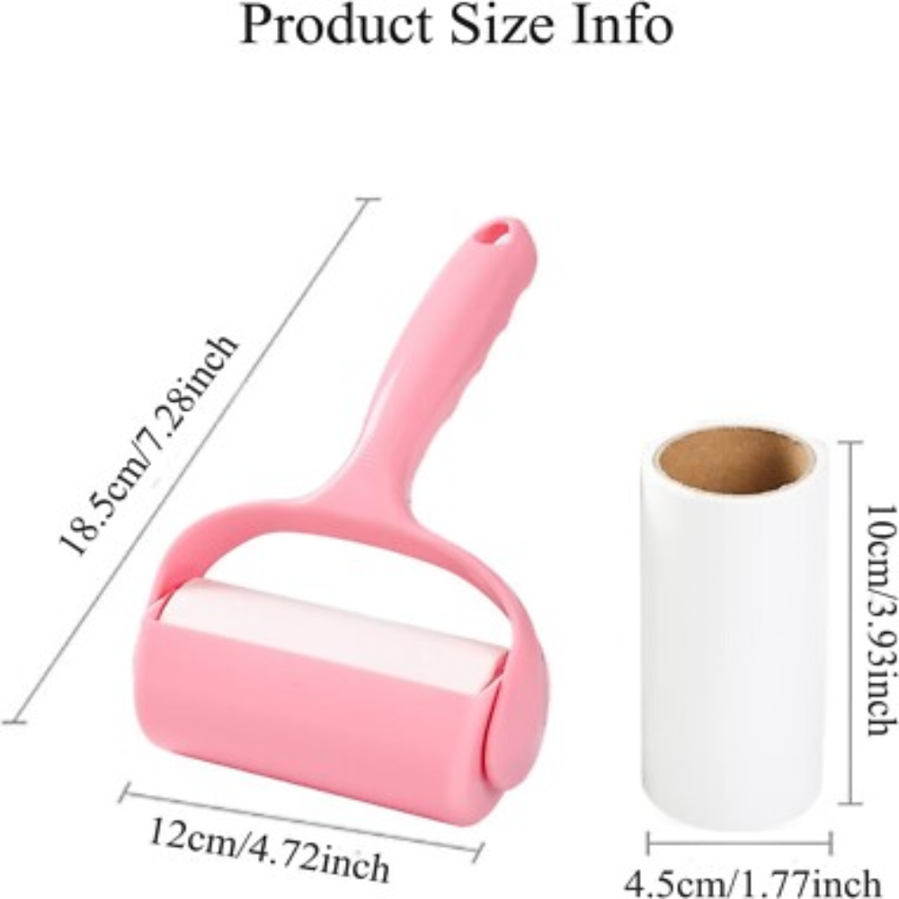 Pink pet hair removal roller with dimensions labeled on a white background