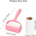 Pink pet hair removal roller with dimensions labeled on a white background