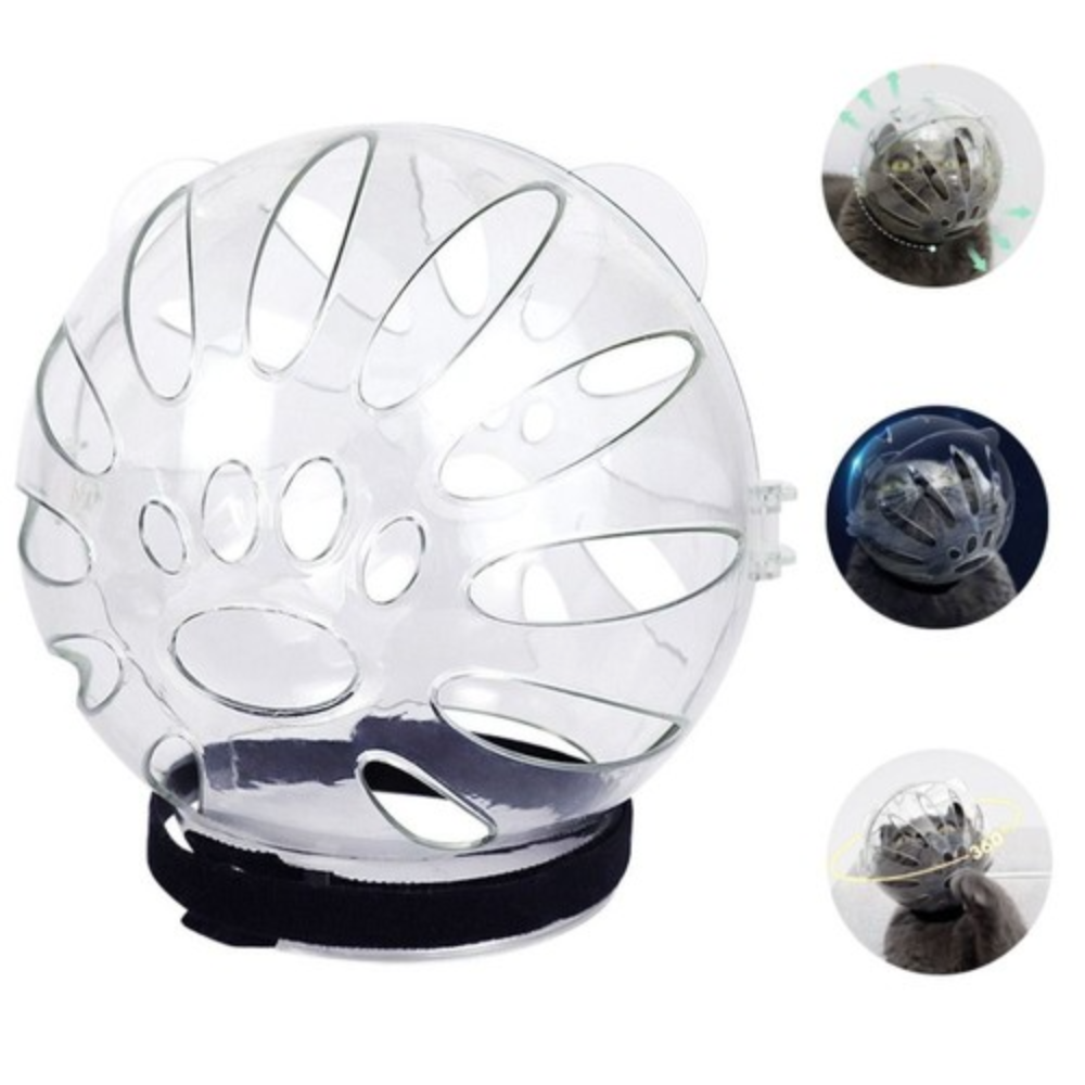 Clear helmet with black strap on a white background