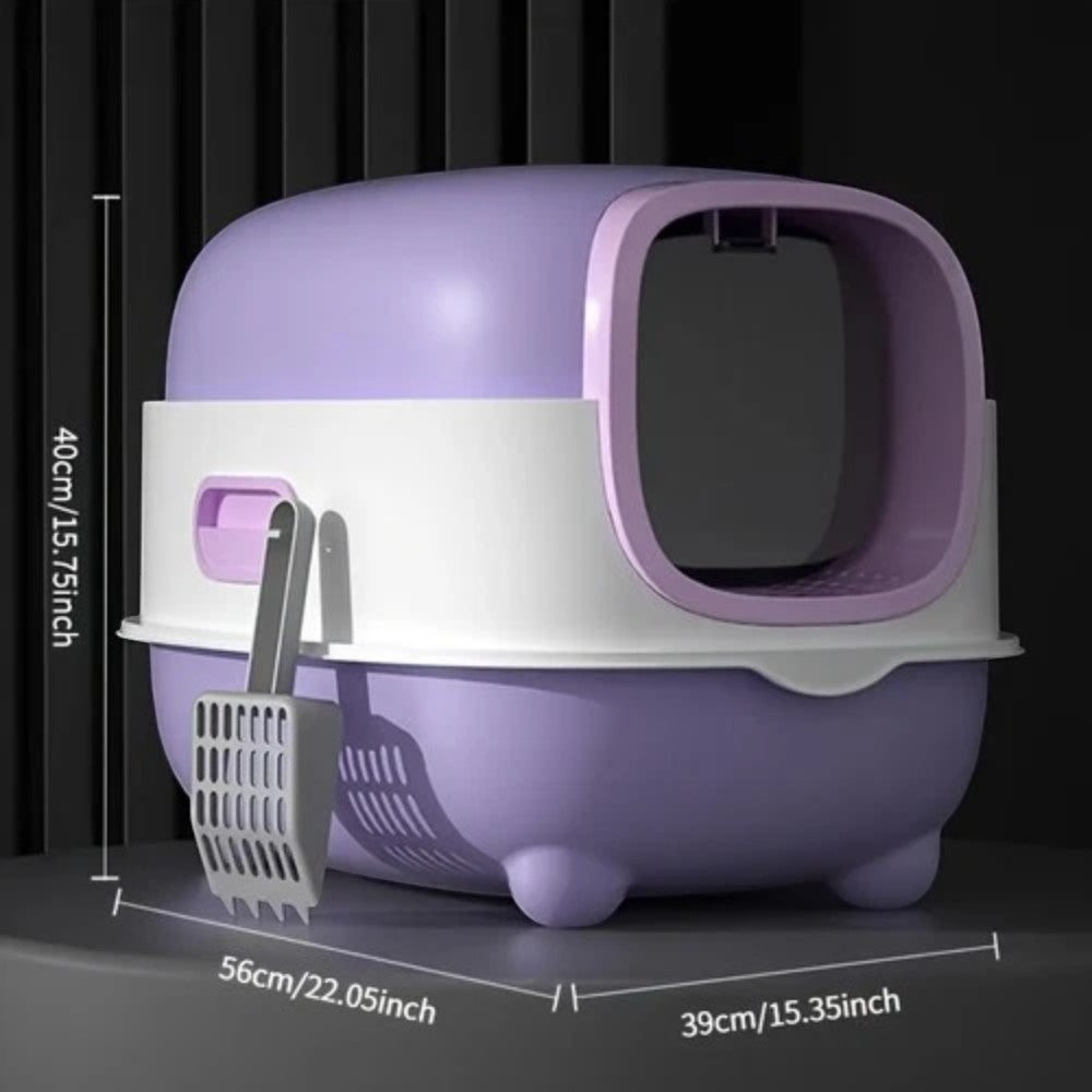 Purple and white pet litter box with dimensions displayed on a dark background