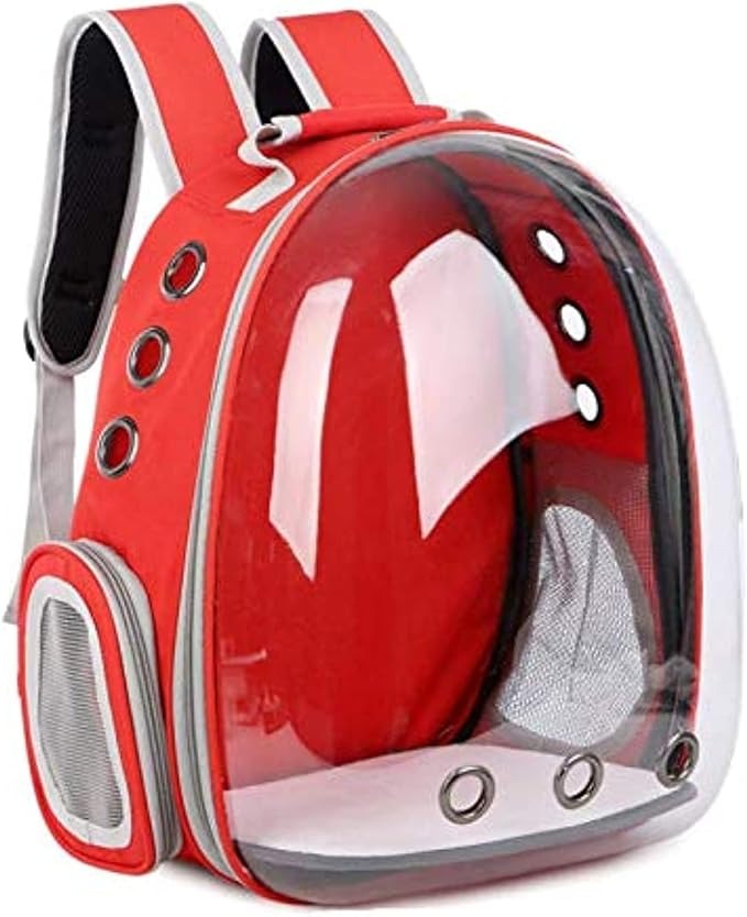 Red pet backpack with clear front on a white background