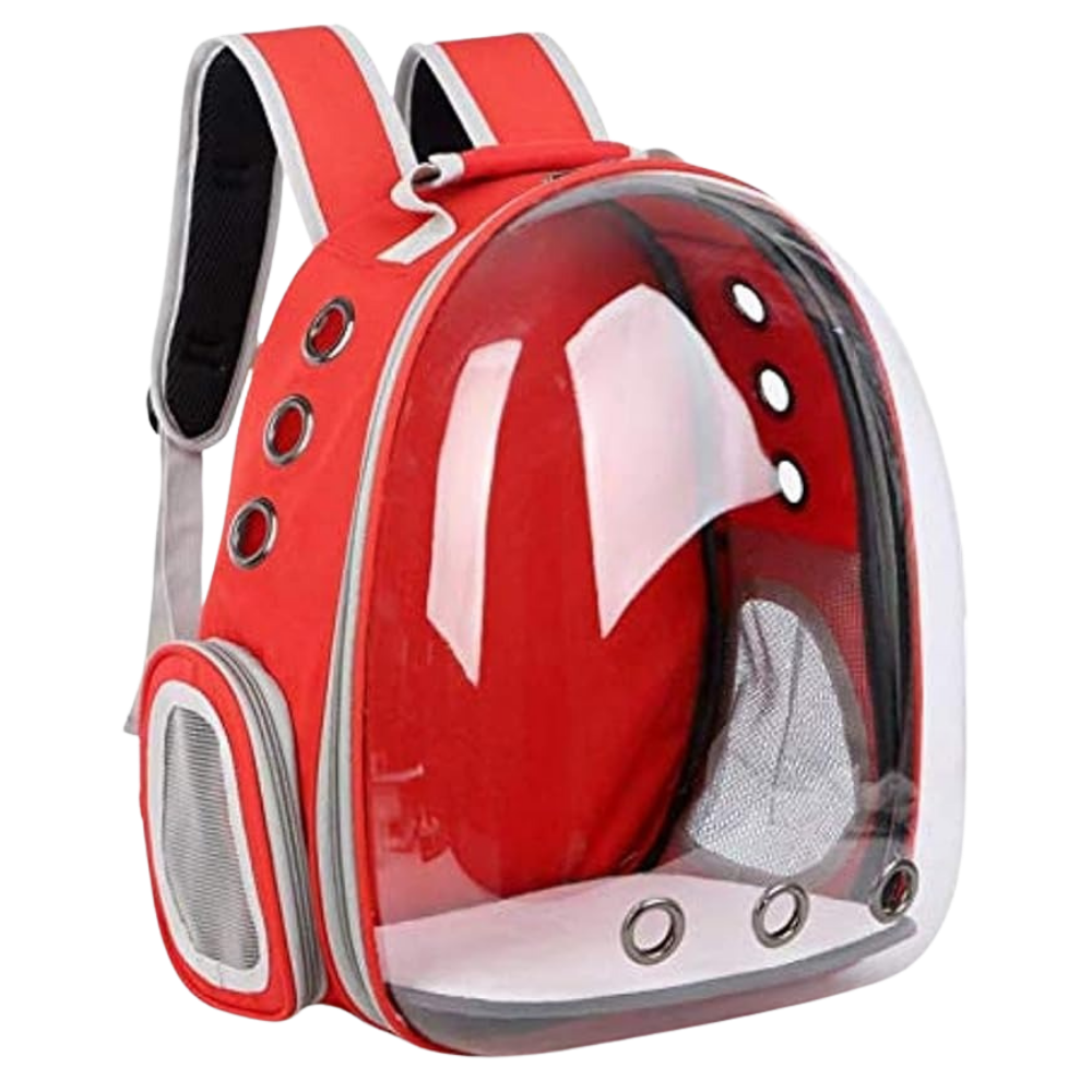 Red pet backpack with clear front on a white background
