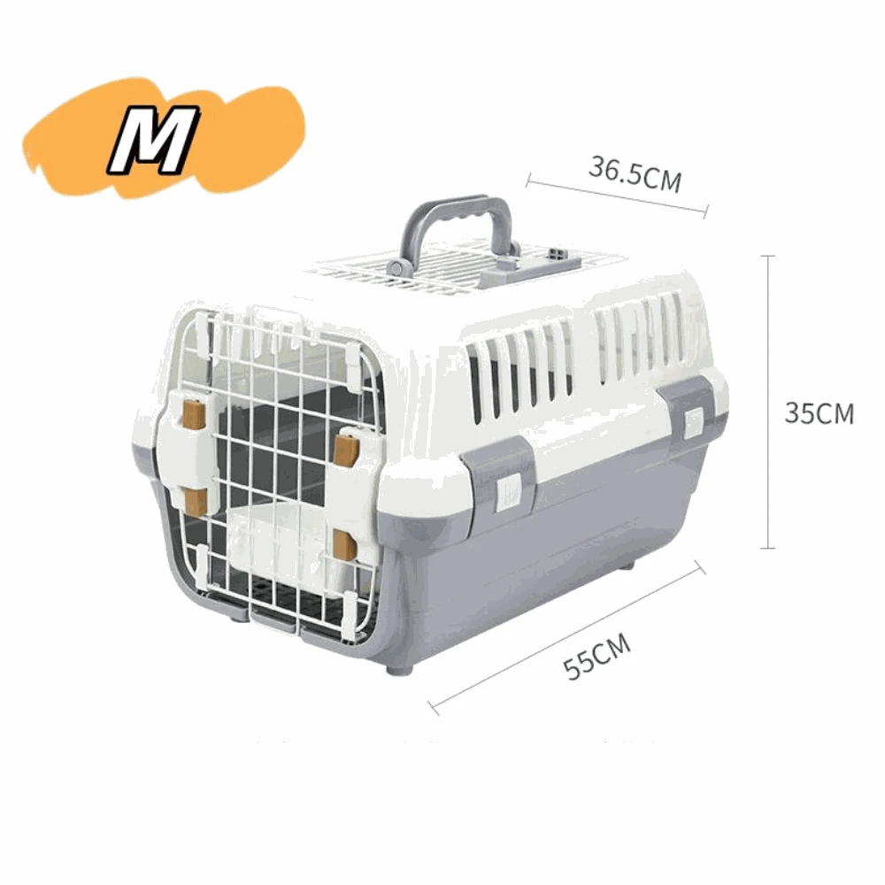 Pet carrier with dimensions labeled on a white background