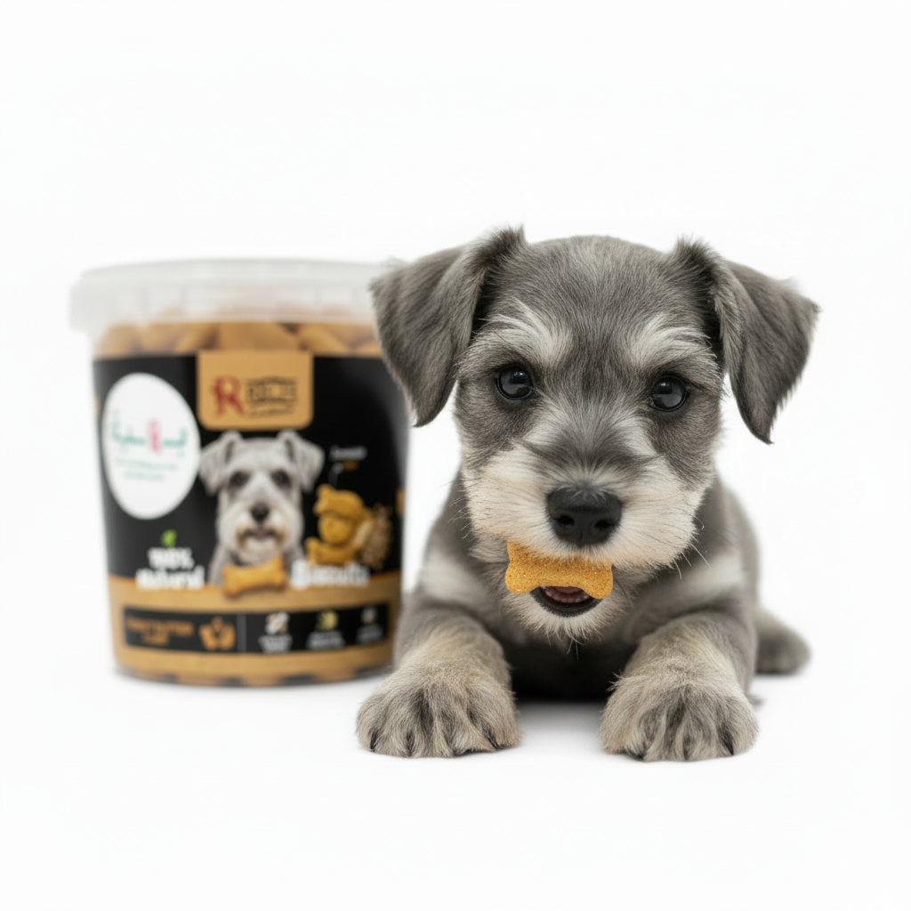 Schnauzer puppy eating small treat white background