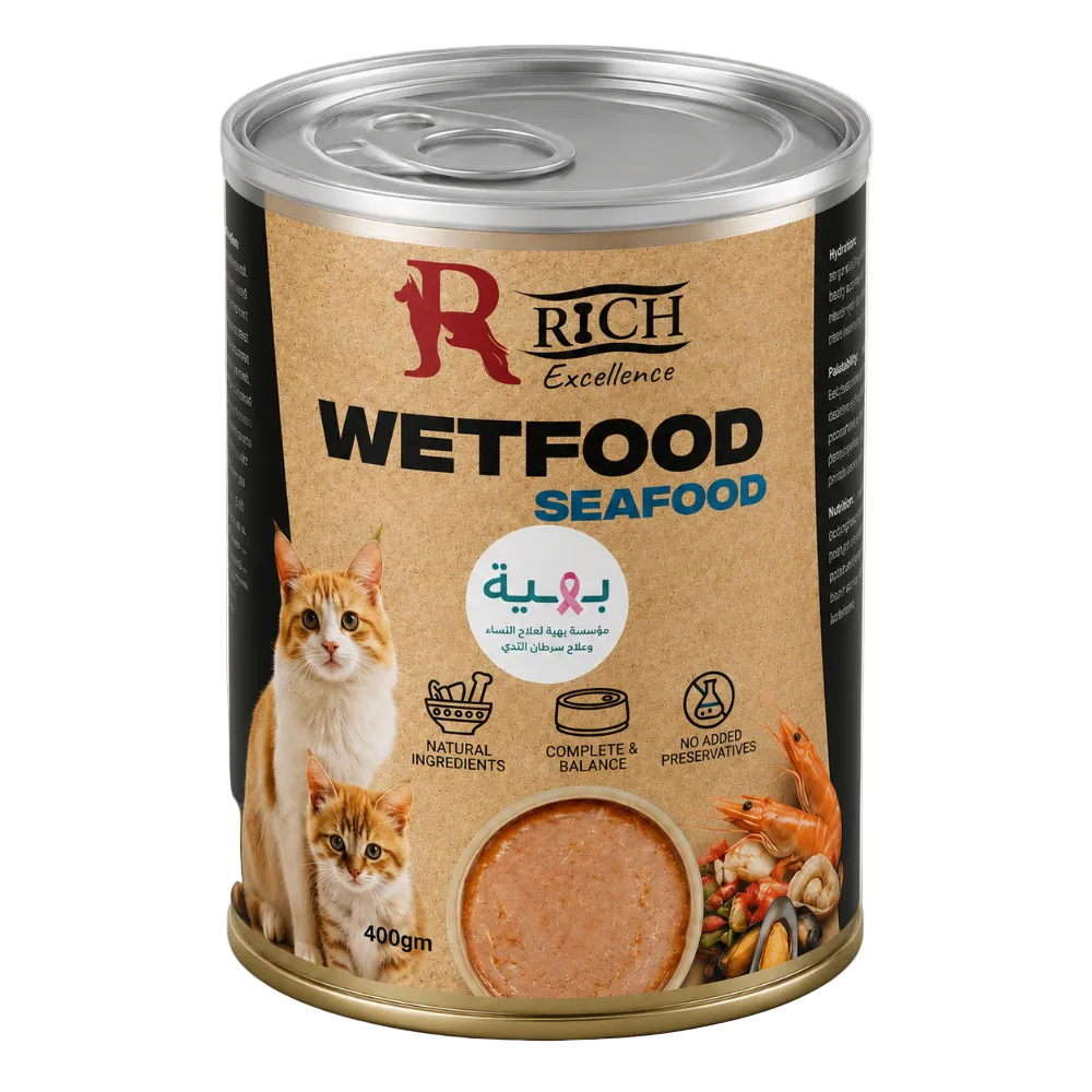 A 400g can of Rich Excellence Wetfood Seafood cat food, featuring a brown kraft paper label with images of cats and seafood, on a light gray background.