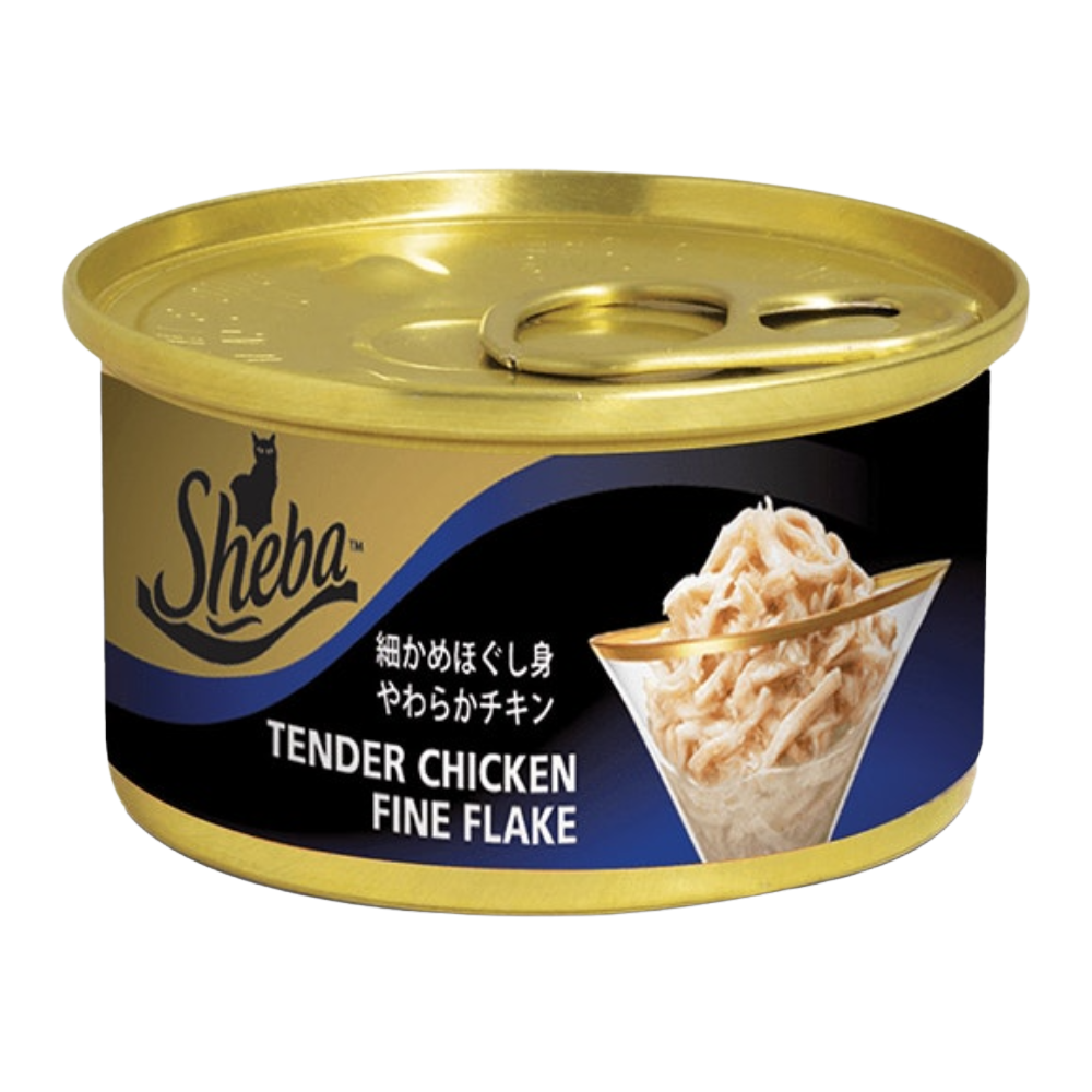Can of Sheba Tender Chicken Fine Flake cat food on a white background