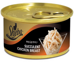 Can of Sheba succulent chicken breast cat food on a white background