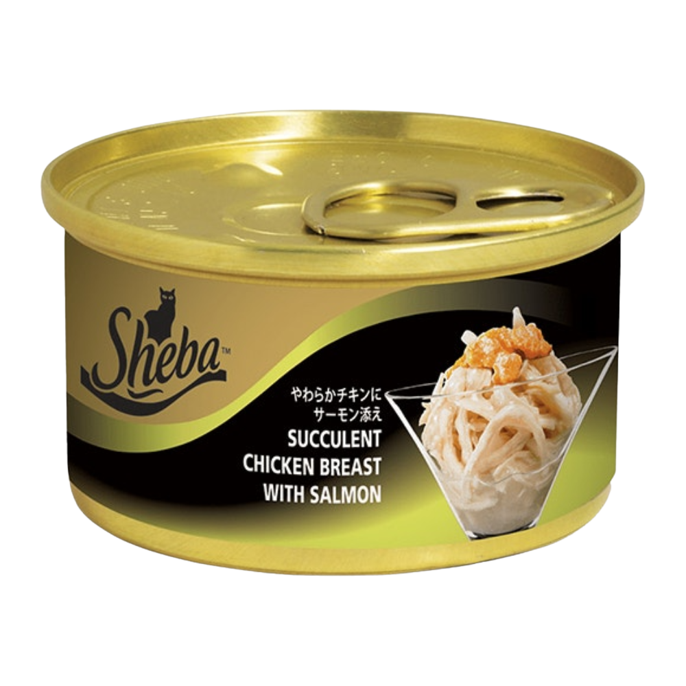 Can of Sheba cat food with gold lid on a white background