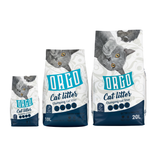 Three bags of Osto cat litter with different capacities on a white background
