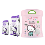 Three packages of Hello Kitty cat litter on a white background