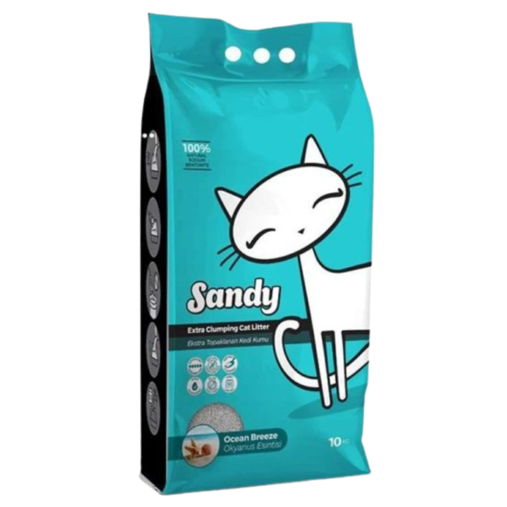 Teal bag of Sandy cat litter with a cartoon cat design on a white background